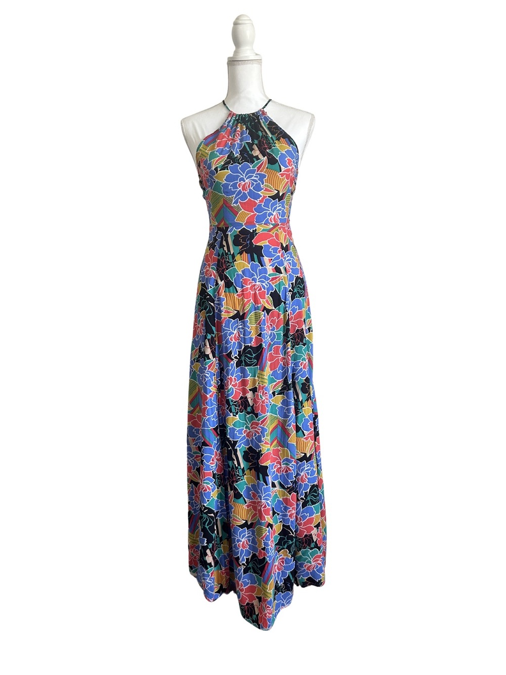Molly Green Floral Halter Maxi Dress Open Back Rayon Size Small Vacay Resortwear
